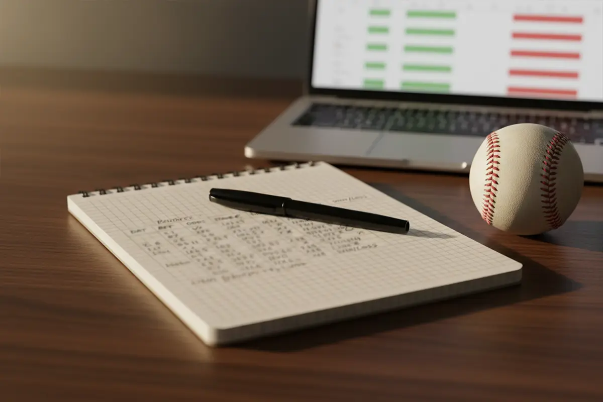 Bankroll Management für Baseball Wetten – Notizbuch mit Einsatzplanung neben einem Baseball