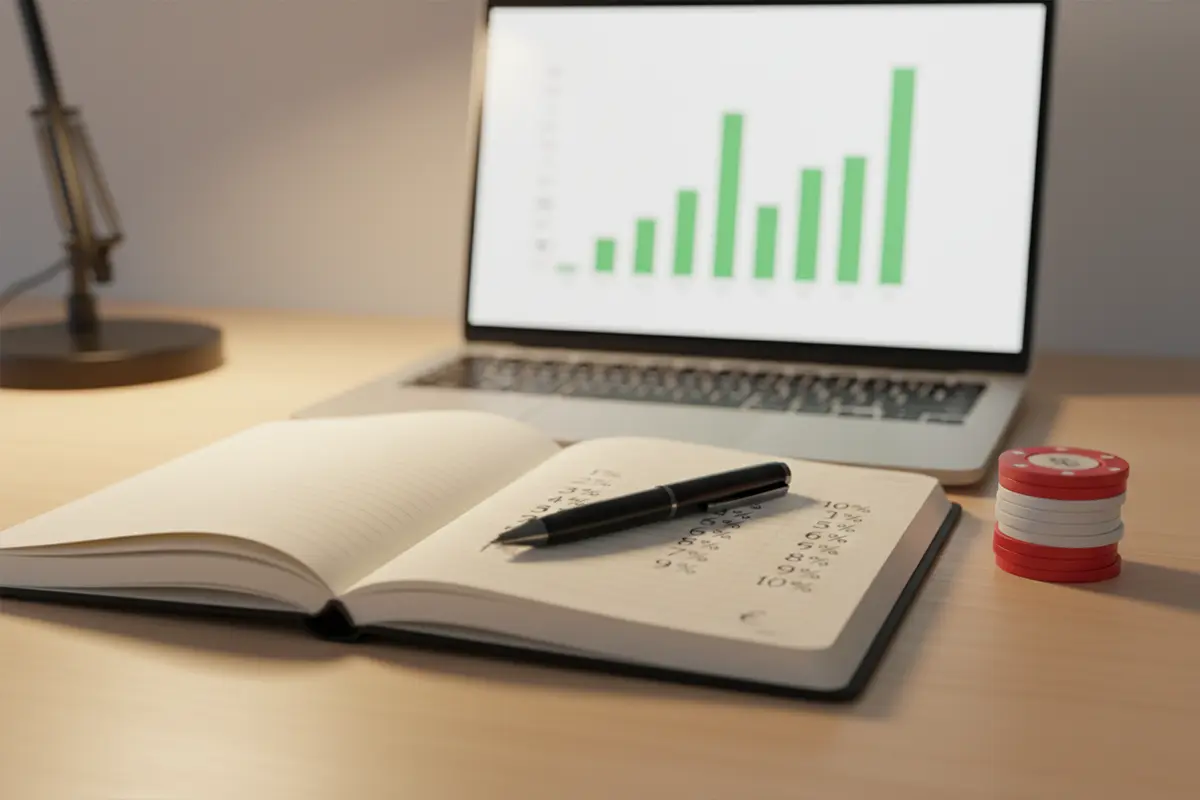 Aufgeräumter Schreibtisch mit Notizbuch für Bankroll-Management bei Baseball-Wetten