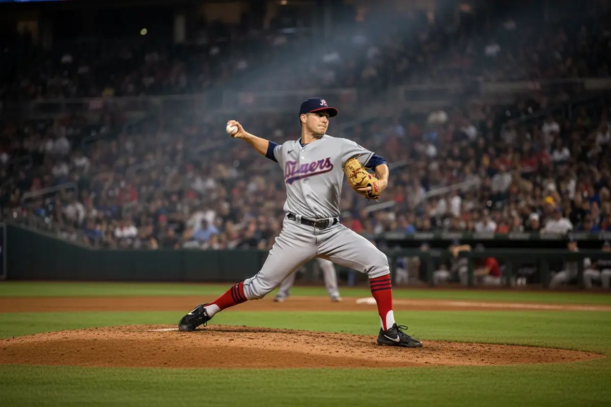 Baseball Livewetten Strategie – Pitcher auf dem Mound bei Nachtspiel