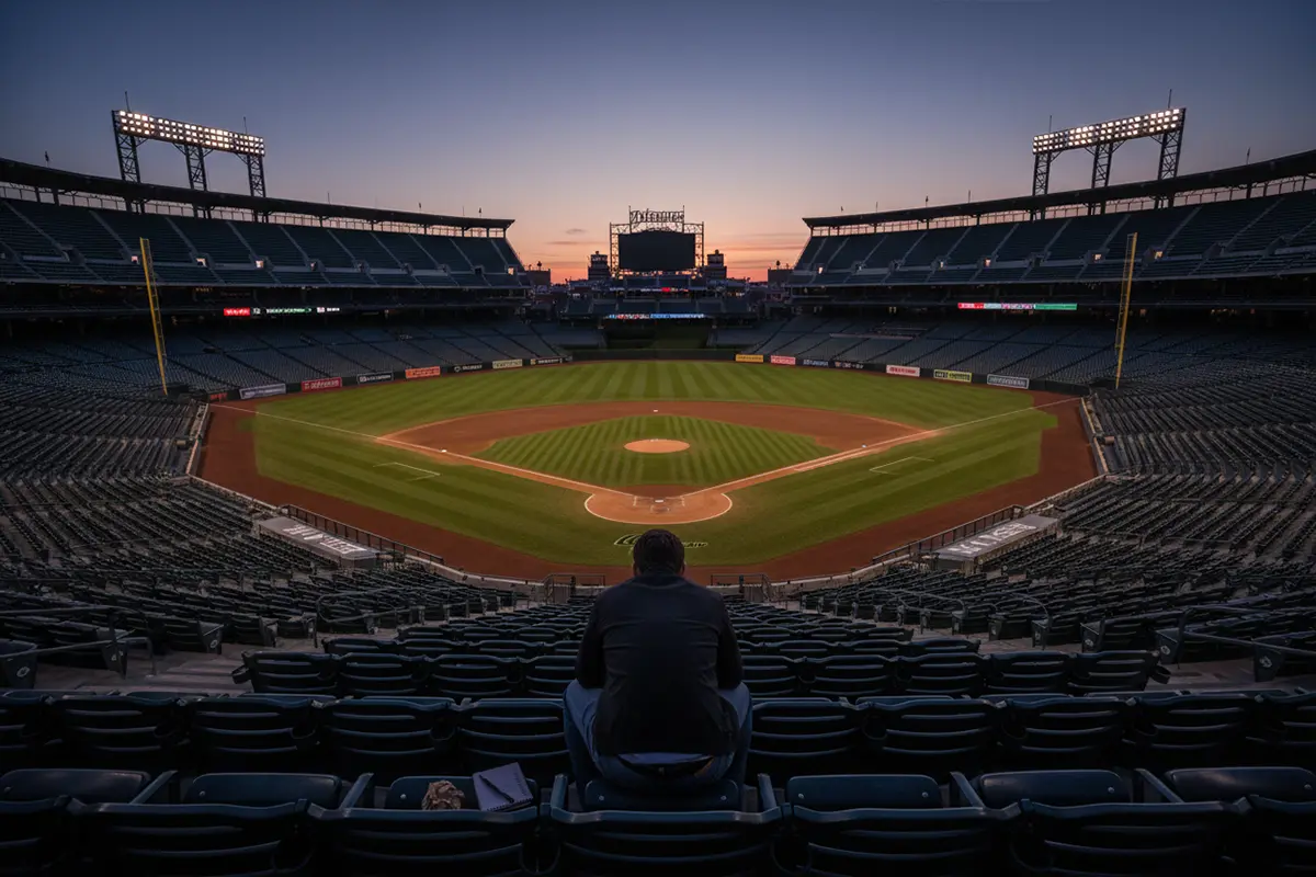 Baseball Wetten Fehler – Frustrierter Fan im leeren Stadion bei Dämmerung