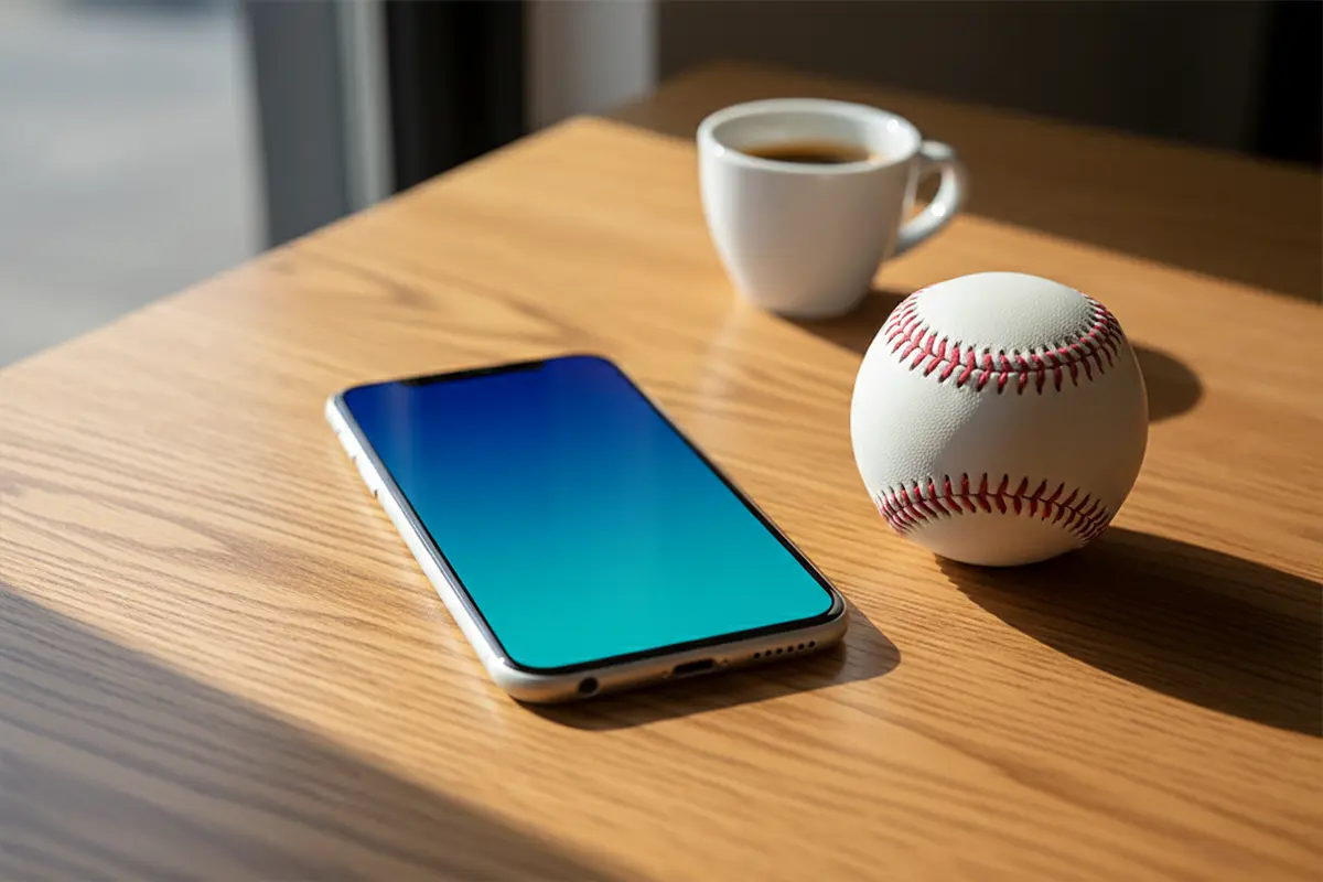 Baseball Wetten ohne Oasis – Smartphone mit Wett-App neben einem Baseball