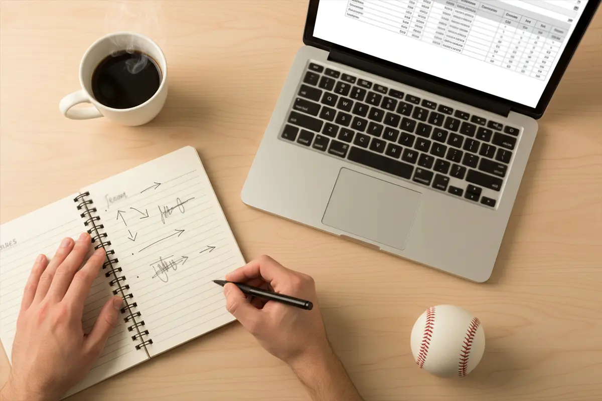 Notizbuch mit Wettstrategie-Notizen neben einem Laptop mit MLB-Statistiken