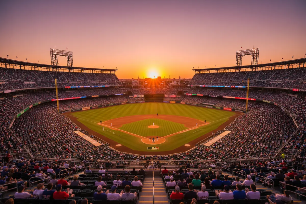Grand Salami Wette Baseball – Panoramablick auf ein volles MLB-Stadion bei Sonnenuntergang