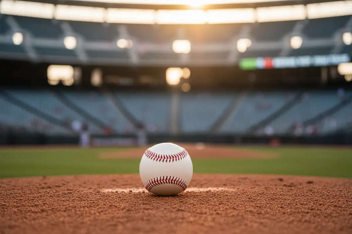 Baseball auf dem Pitcher-Mound in einem MLB-Stadion bei Abendlicht