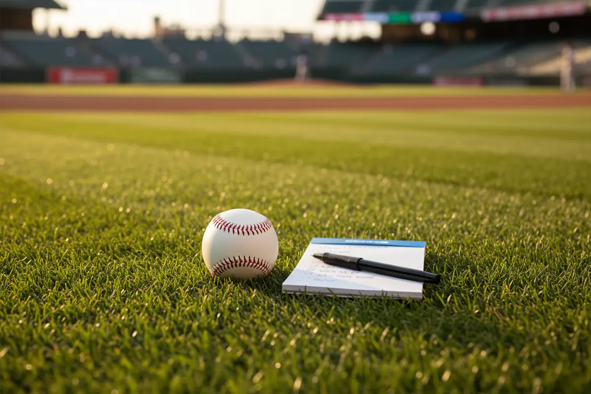 Kombiwetten Baseball – Wettschein-Notizblock neben einem Baseball auf dem Rasen