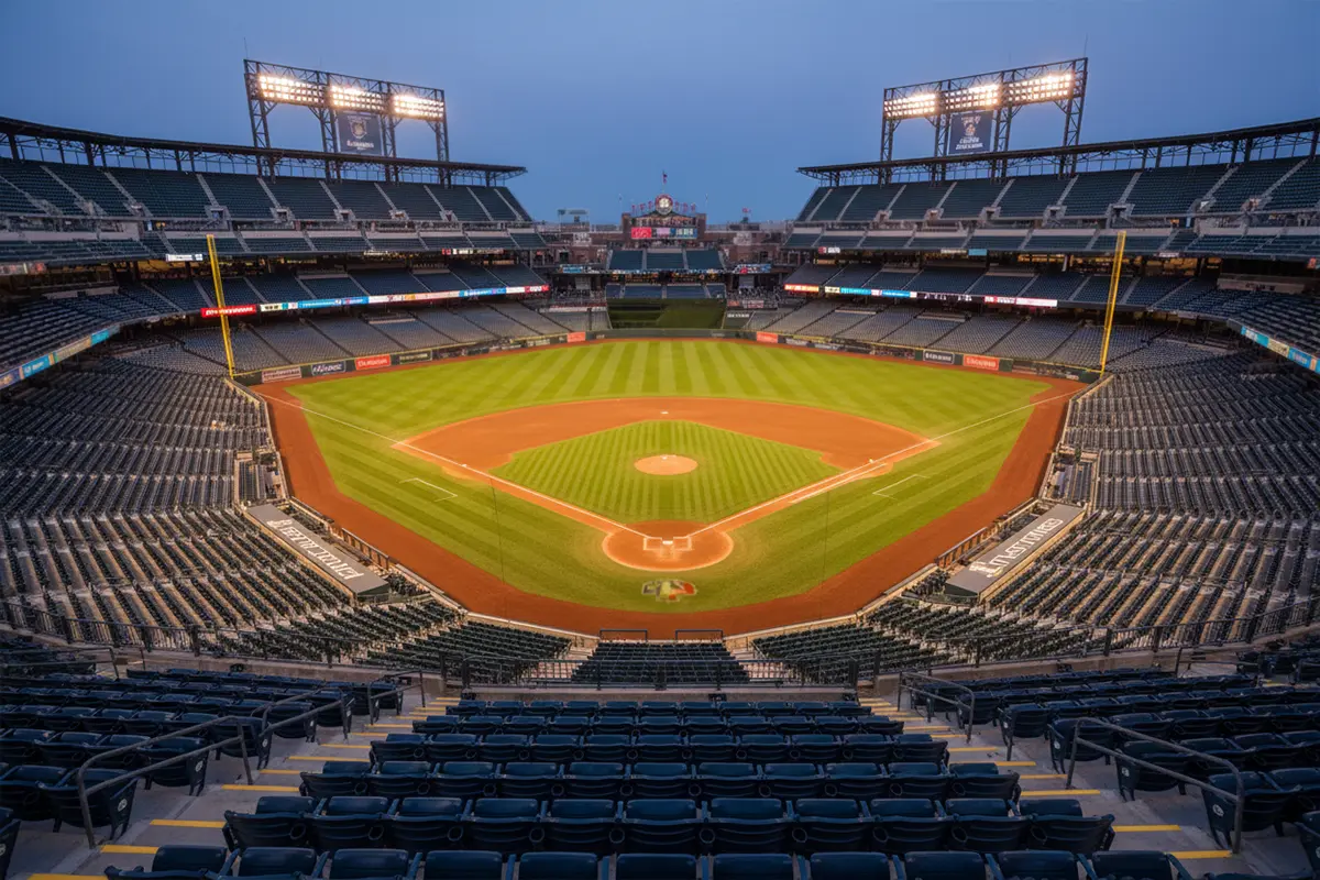 MLB Saison 2026 – Baseballstadion bei Flutlicht vor Saisonbeginn