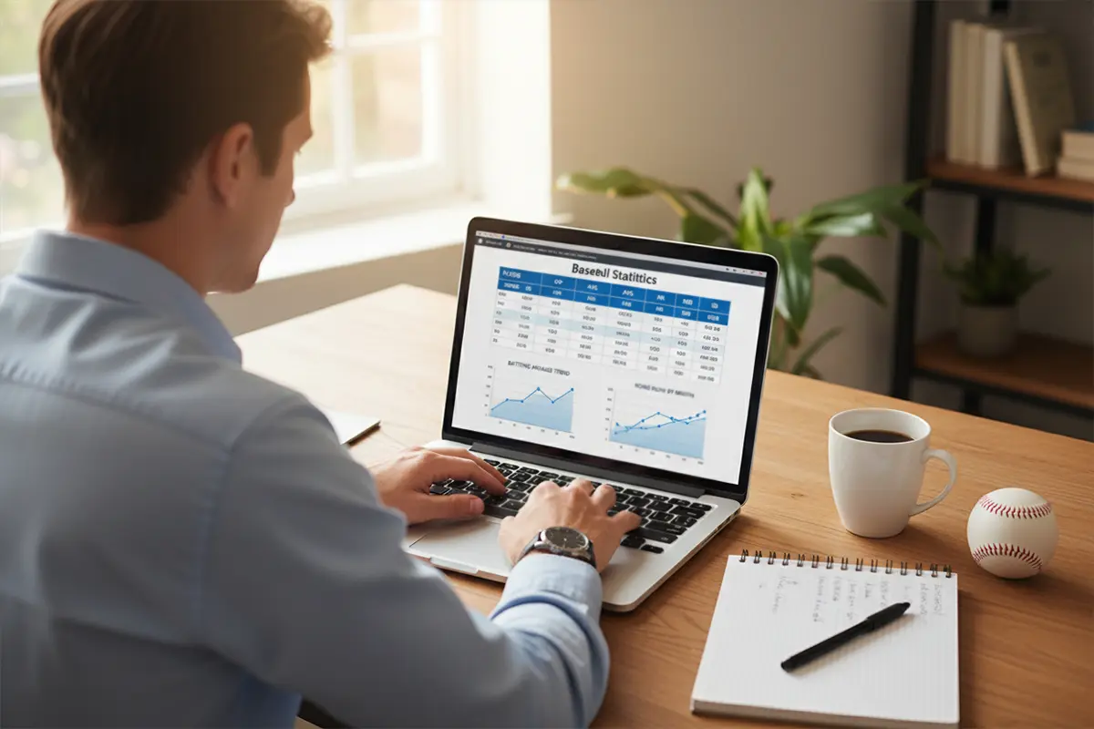 MLB Statistik-Seiten – Laptop mit Baseball-Datenanalyse neben einem Spielfeld