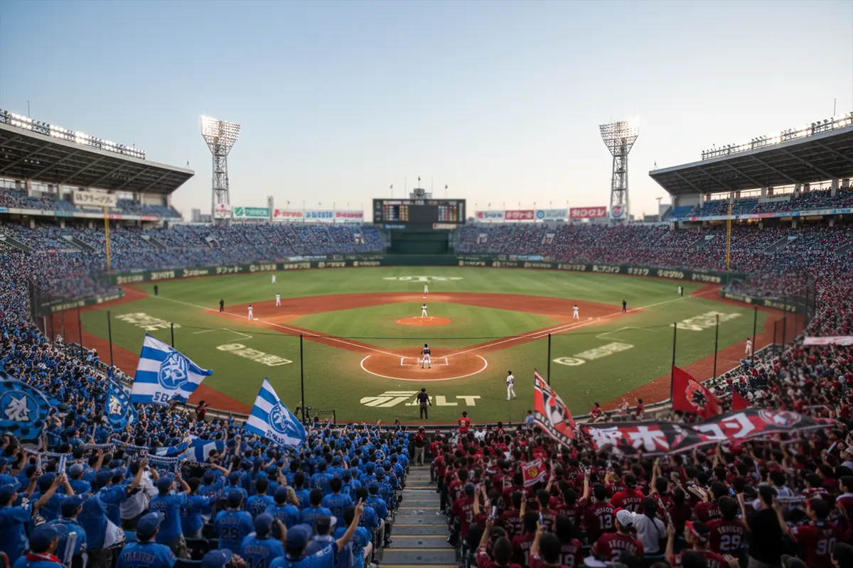 NPB Japan Baseball – Japanisches Baseballstadion mit Fans bei Abendspiel