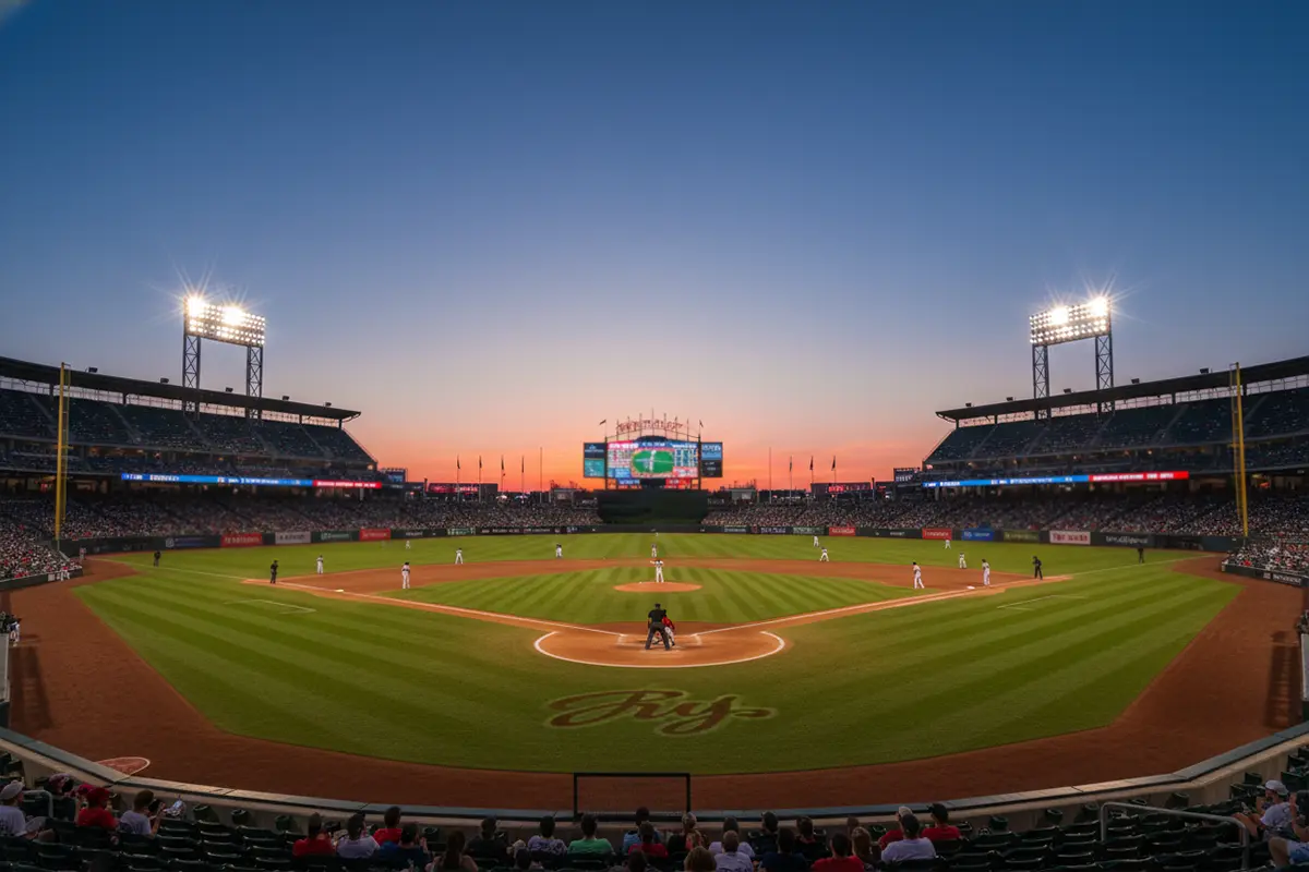 Over/Under-Wette beim Baseball – Blick auf das Spielfeld und die Anzeigetafel im Stadion