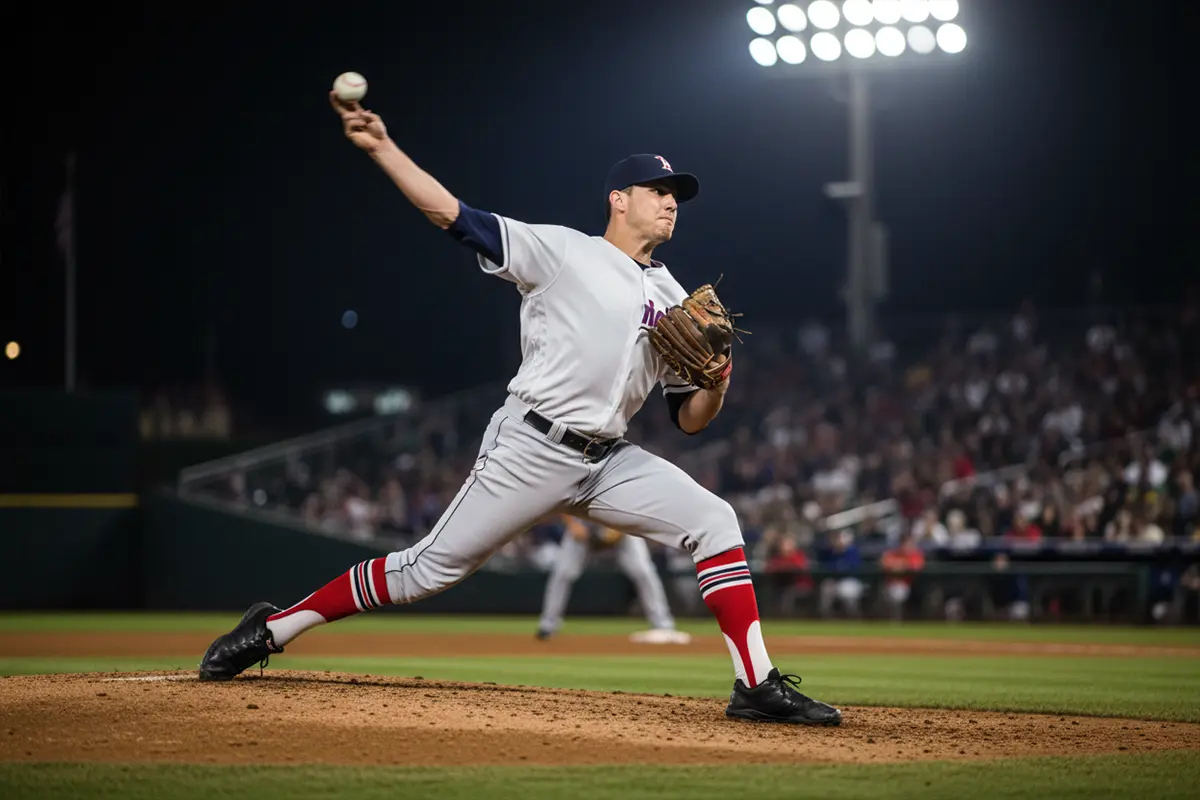 Strikeout Wetten Baseball – Pitcher wirft einen Fastball unter Flutlicht
