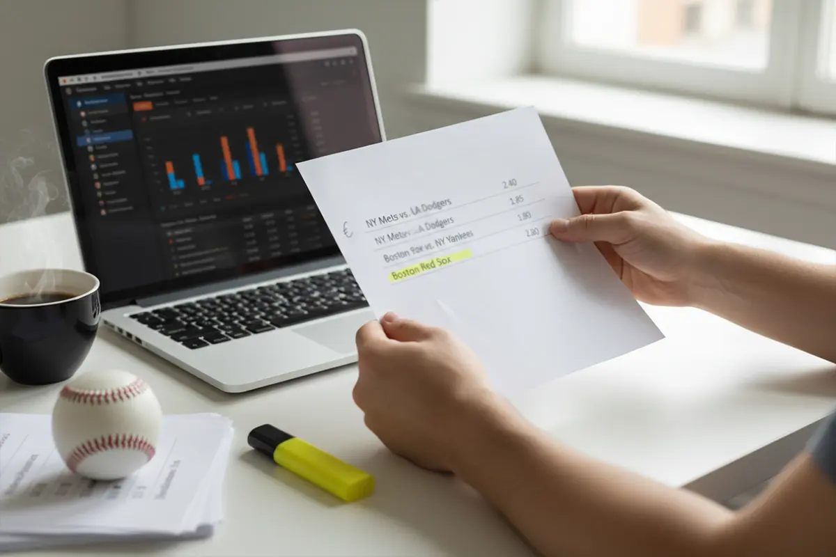 Value Betting im Baseball – Analytiker vergleicht Quoten auf einem Laptop neben Baseball-Statistiken