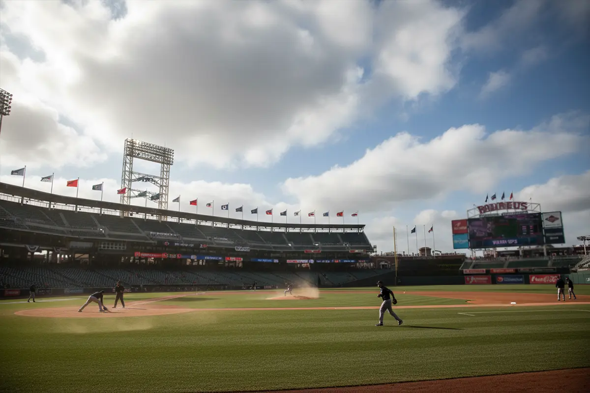 Wetter und Baseball – Stadionfahnen wehen im Wind bei einem MLB-Spiel