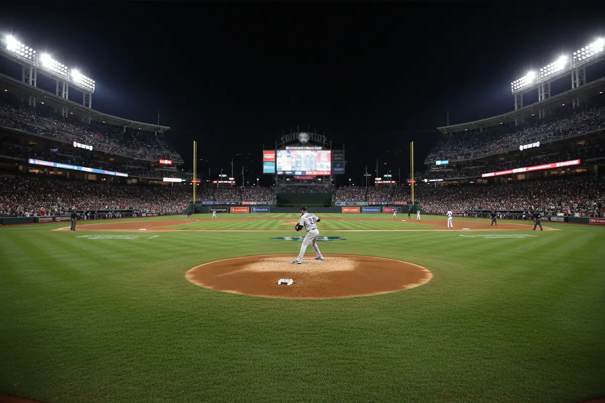 World Series Wetten – Baseballfeld bei Nacht mit Flutlicht und Zuschauern im Stadion